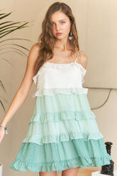 ADORA Swiss Dot Ruffled Tiered Mini Dress Gum Leaf OutfitFlow